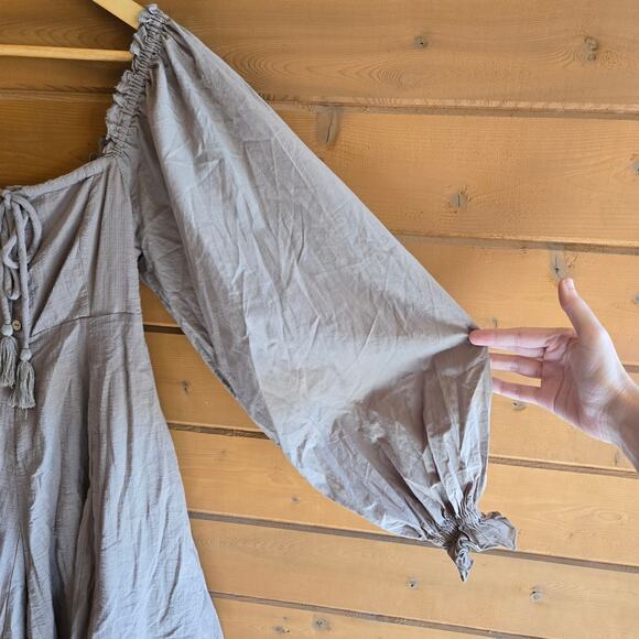 Chelsea & Violet Mixed Media Puff Sleeve Boho Mini Dress Long Sleeve Olive Small - Picture 4 of 4